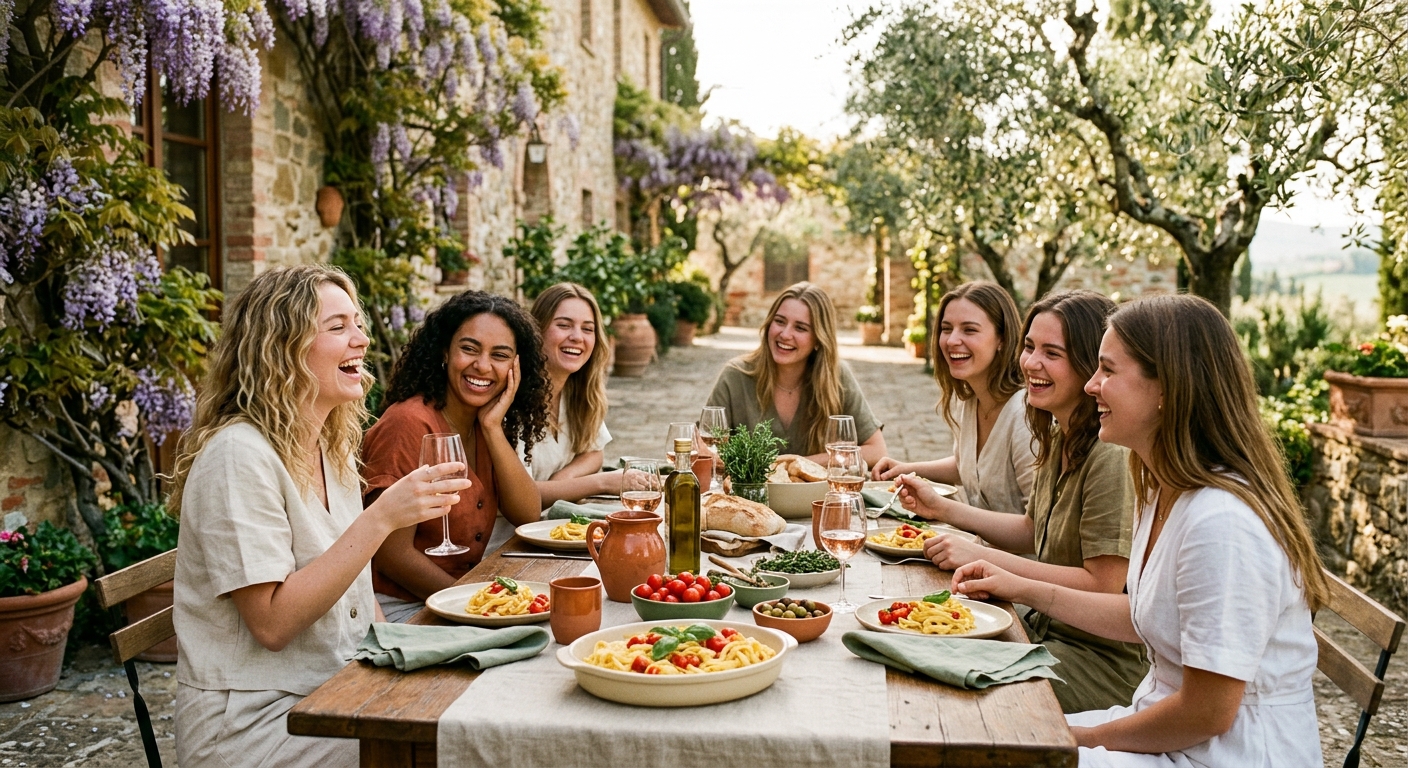 Young women at a sunlit Italian retreat table